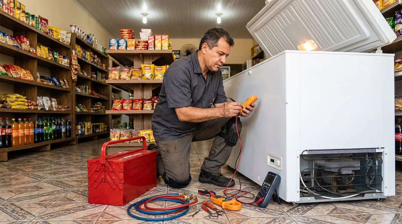 Recarga de gás refrigerante no freezer durante atendimento na Zona Sul de São Paulo‑SP